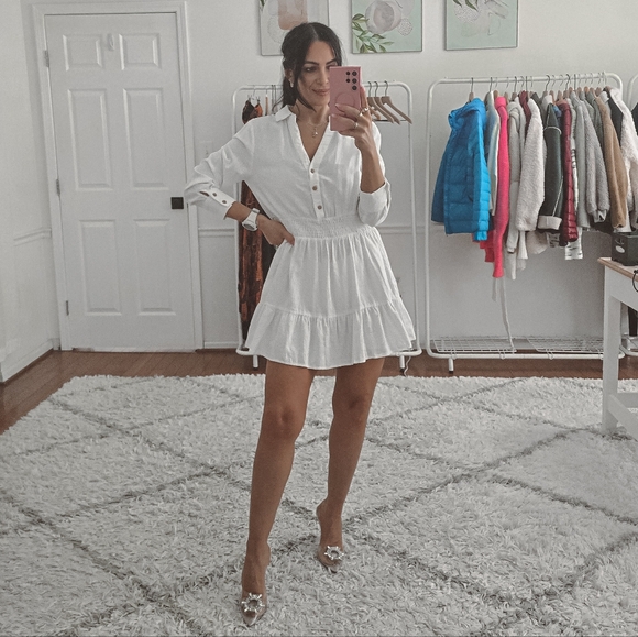 Zara White Linen Blend Long Sleeve Mini Dress New Size M - Picture 2 of 9